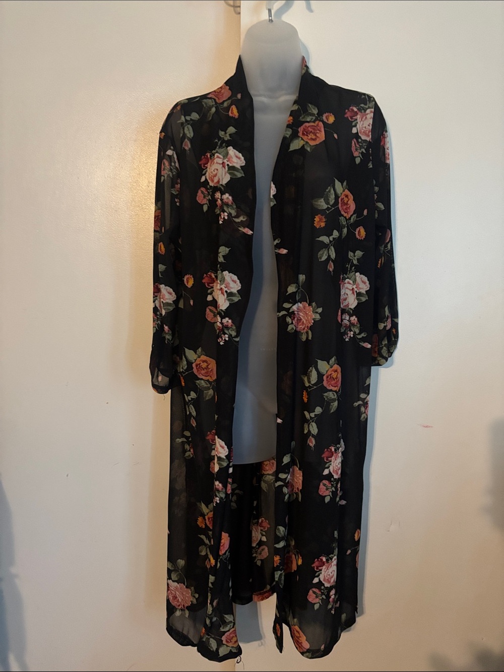 Sheer Floral Kimono Cover-Up - Black with Pink Roses